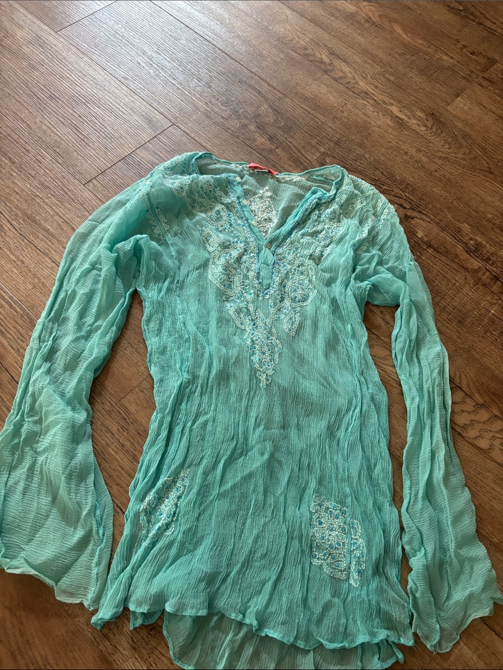 glam Teal Embroidered Long-Sleeve Tunic Dress